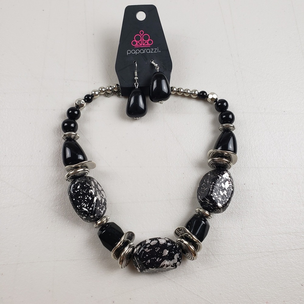 Paparazzi Black Silver Splatter Chunky Bead Statement Necklace Earring Set Retro